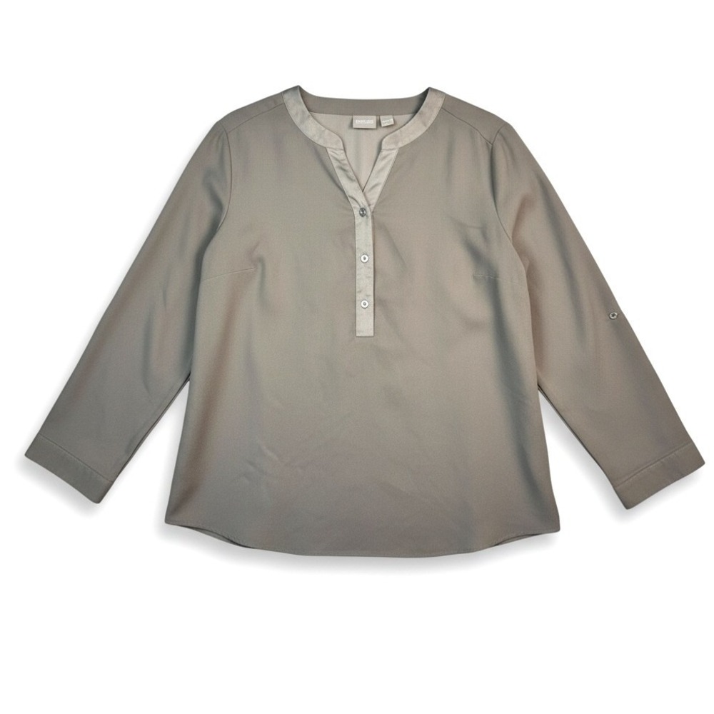 Chicos Blouse Tunic Top Shirt Womens Large Beige Satin Collar Roll Tab Sleeves